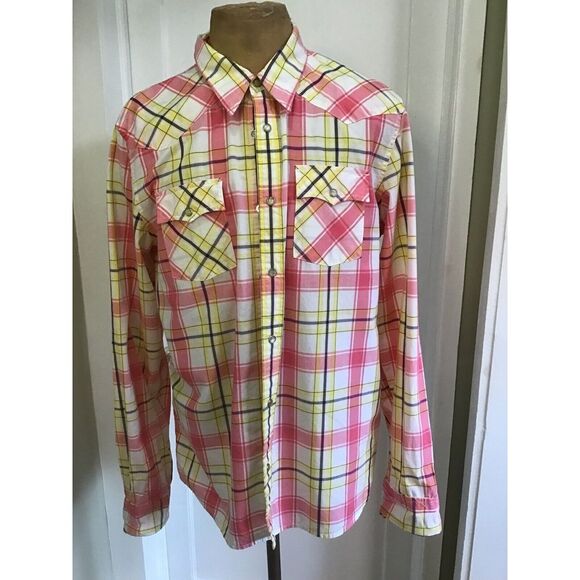 Hollister Mens XL Pink Windowpane Plaid Pearl Snaps Rancher Pockets Western - Picture 1 of 7